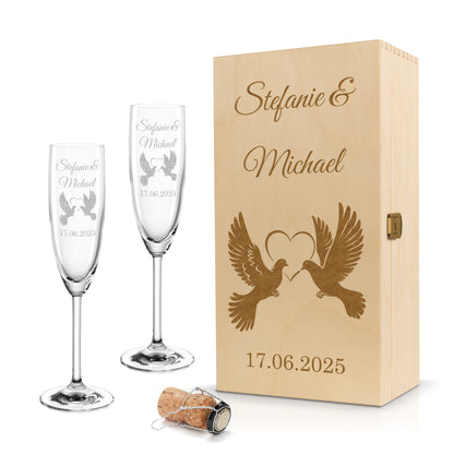 Sektglas mit Gravur Leonardo Daily "LIEBESGLAS TAUBE" 2 Gläser und Holzbox klein mit Wunschname & Datum