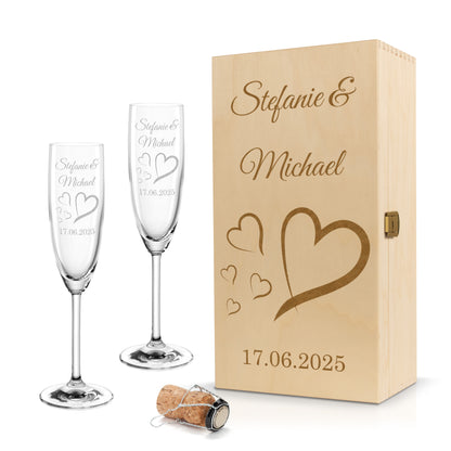 Sektglas mit Gravur Leonardo Daily "LIEBES GLAS HERZ4" 2 Gläser und Holzbox klein mit Wunschname & Datum