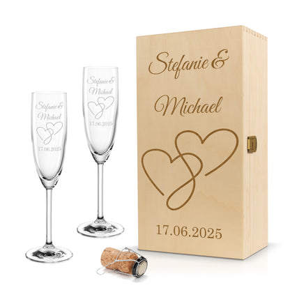 Sektglas mit Gravur Leonardo Daily "LIEBES GLAS HERZ2" 2 Gläser und Holzbox klein mit Wunschname & Datum