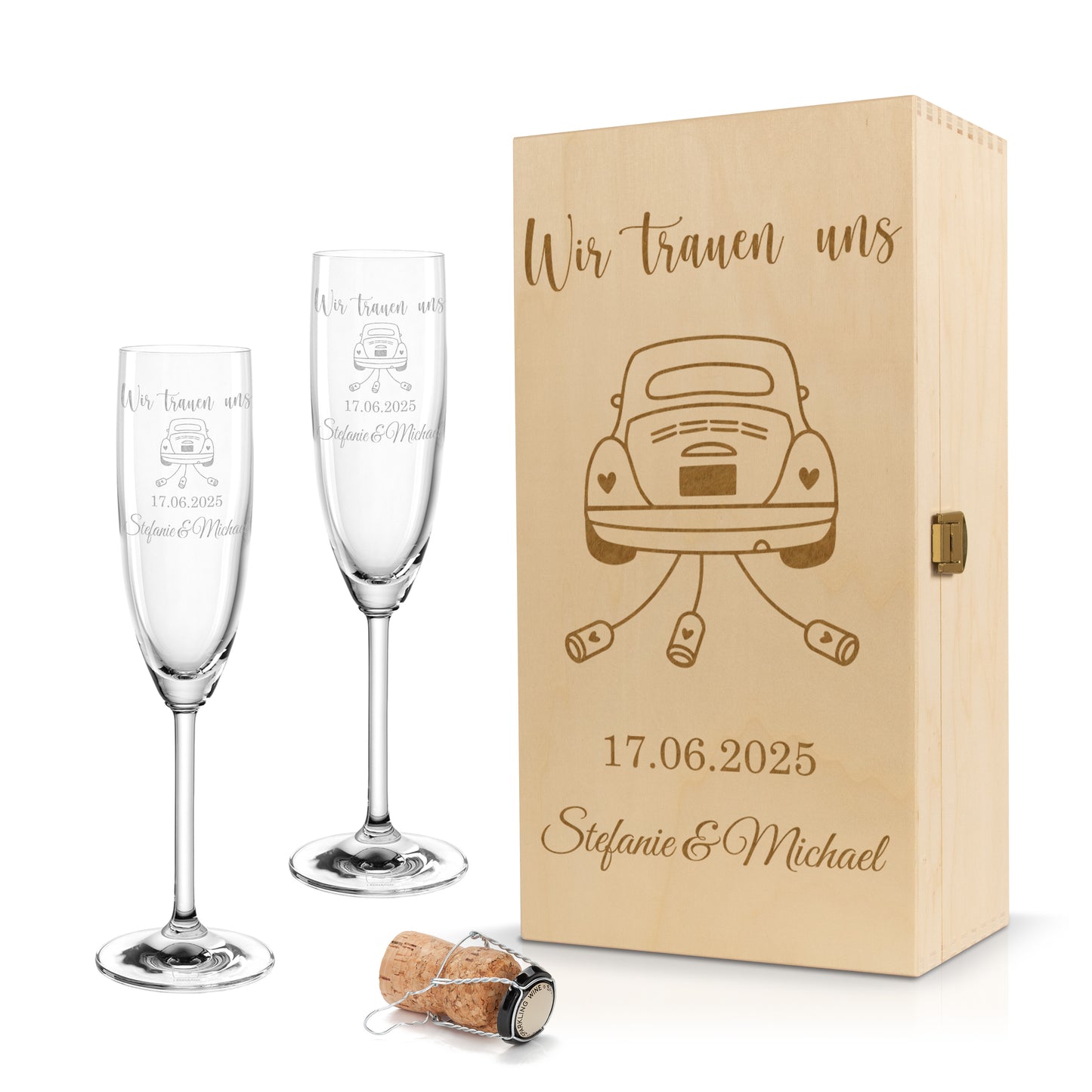 Sektglas mit Gravur Leonardo Daily "WIR TRAUEN UNS" Motiv Auto 2 Gläser und Holzbox klein mit Wunschname & Datum