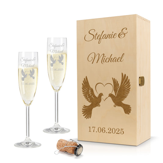 Sektglas mit Gravur Leonardo Daily "LIEBESGLAS TAUBE" 2 Gläser und Holzbox klein mit Wunschname & Datum