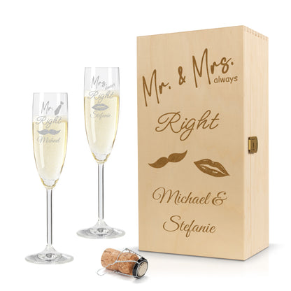 Sektglas mit Gravur Leonardo Daily "MR. & MRS. ALWAYS RIGHT" 2 Gläser und Holzbox klein mit Wunschname