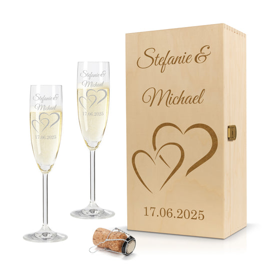 Sektglas mit Gravur Leonardo Daily "LIEBES GLAS HERZ1" 2 Gläser und Holzbox klein mit Wunschname & Datum