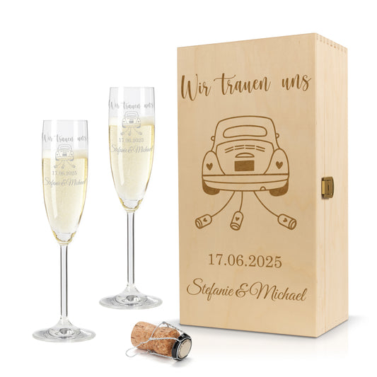 Sektglas mit Gravur Leonardo Daily "WIR TRAUEN UNS" Motiv Auto 2 Gläser und Holzbox klein mit Wunschname & Datum