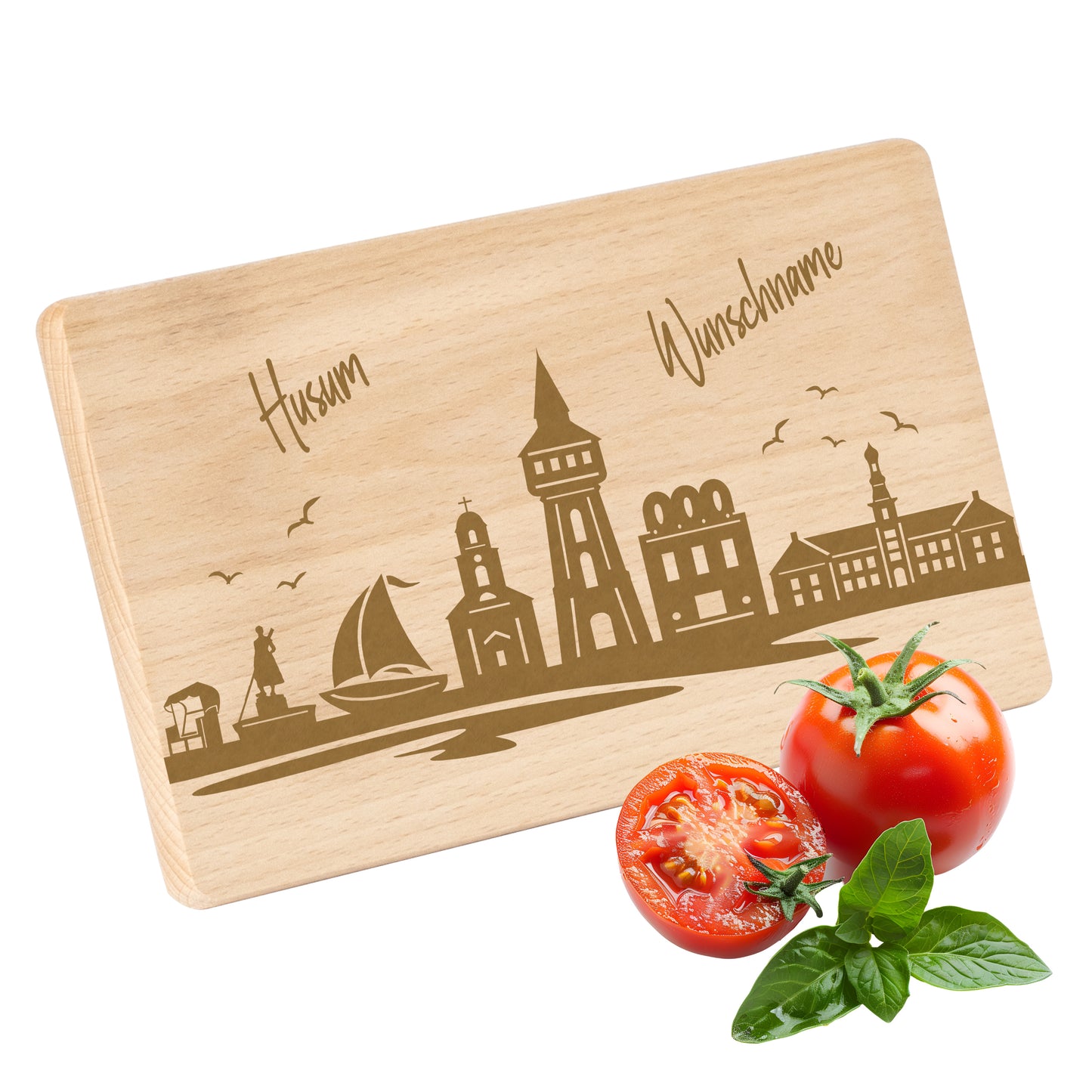 Frühstücksbrettchen 220x120mm mit Gravur mit der Skyline von Husum personalisierbar mit Wunschname