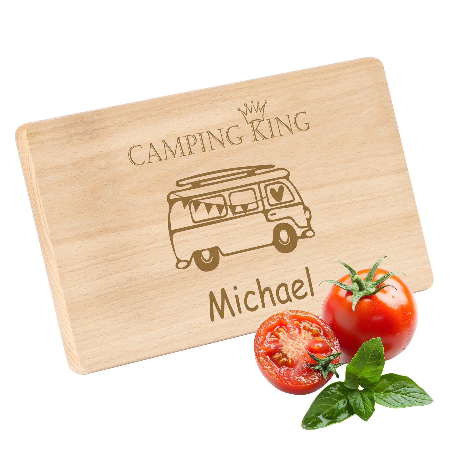 Frühstücksbrettchen mit Gravur Camping "BULLI CAMPING KING" mit Wunschname