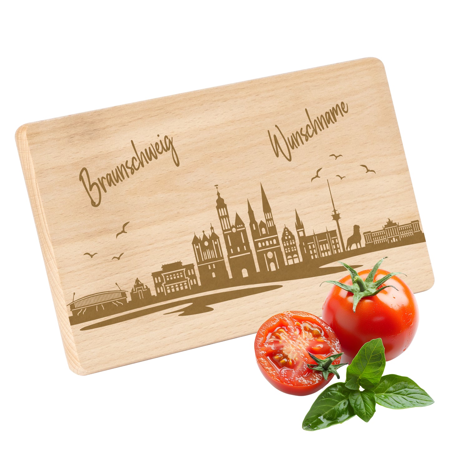 Frühstücksbrettchen 220x120mm mit Gravur mit der Skyline von Braunschweig personalisierbar mit Wunschname