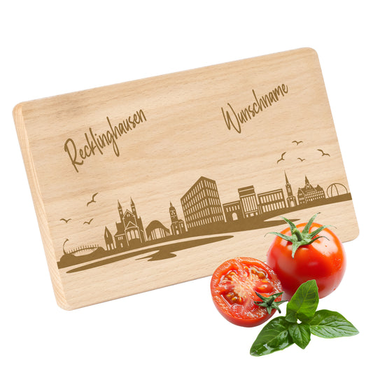 Frühstücksbrettchen 220x120mm mit Gravur mit der Skyline von Recklinghausen personalisierbar mit Wunschname