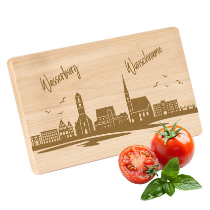 Frühstücksbrettchen 220x120mm mit Gravur mit der Skyline von Wasserburg personalisierbar mit Wunschname