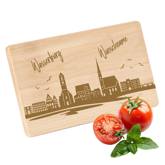 Frühstücksbrettchen 220x120mm mit Gravur mit der Skyline von Wasserburg personalisierbar mit Wunschname