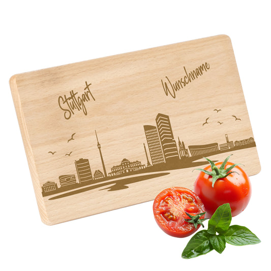 Frühstücksbrettchen 220x120mm mit Gravur mit der Skyline von Stuttgart personalisierbar mit Wunschname