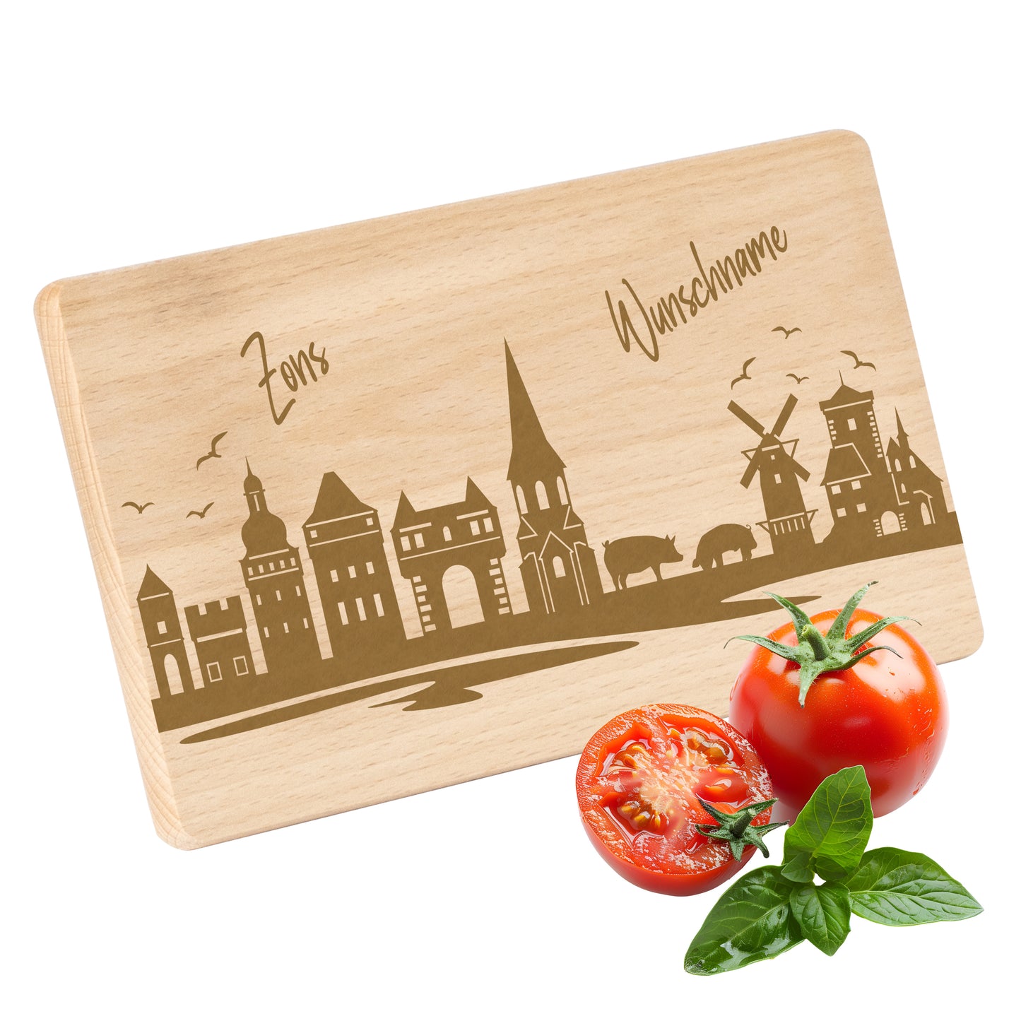 Frühstücksbrettchen 220x120mm mit Gravur mit der Skyline von Zons (Dormagen) personalisierbar mit Wunschname
