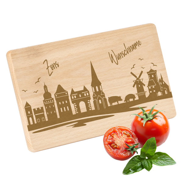Frühstücksbrettchen 220x120mm mit Gravur mit der Skyline von Zons (Dormagen) personalisierbar mit Wunschname