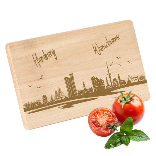 Frühstücksbrettchen 220x120mm mit Gravur mit der Skyline von Hamburg personalisierbar mit Wunschname