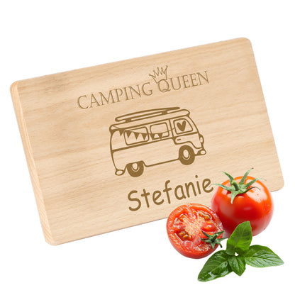 Frühstücksbrettchen mit Gravur Camping "BULLI CAMPING Queen" mit Wunschname