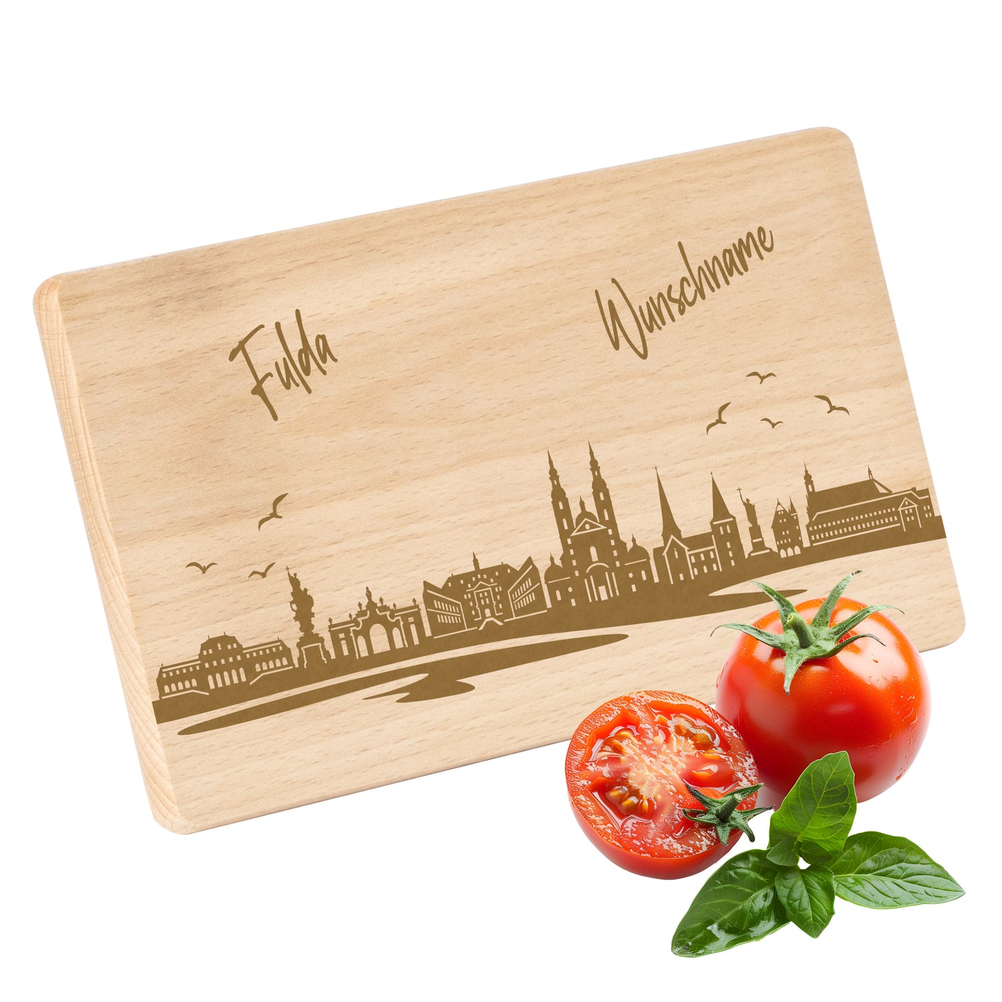 Frühstücksbrettchen 220x120mm mit Gravur mit der Skyline von Fulda personalisierbar mit Wunschname