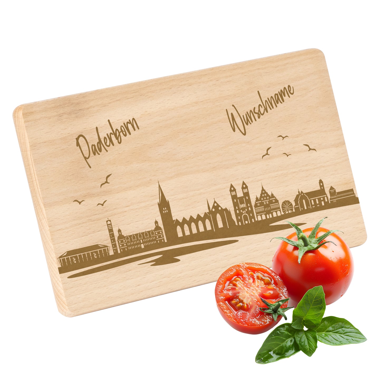 Frühstücksbrettchen 220x120mm mit Gravur mit der Skyline von Paderborn personalisierbar mit Wunschname