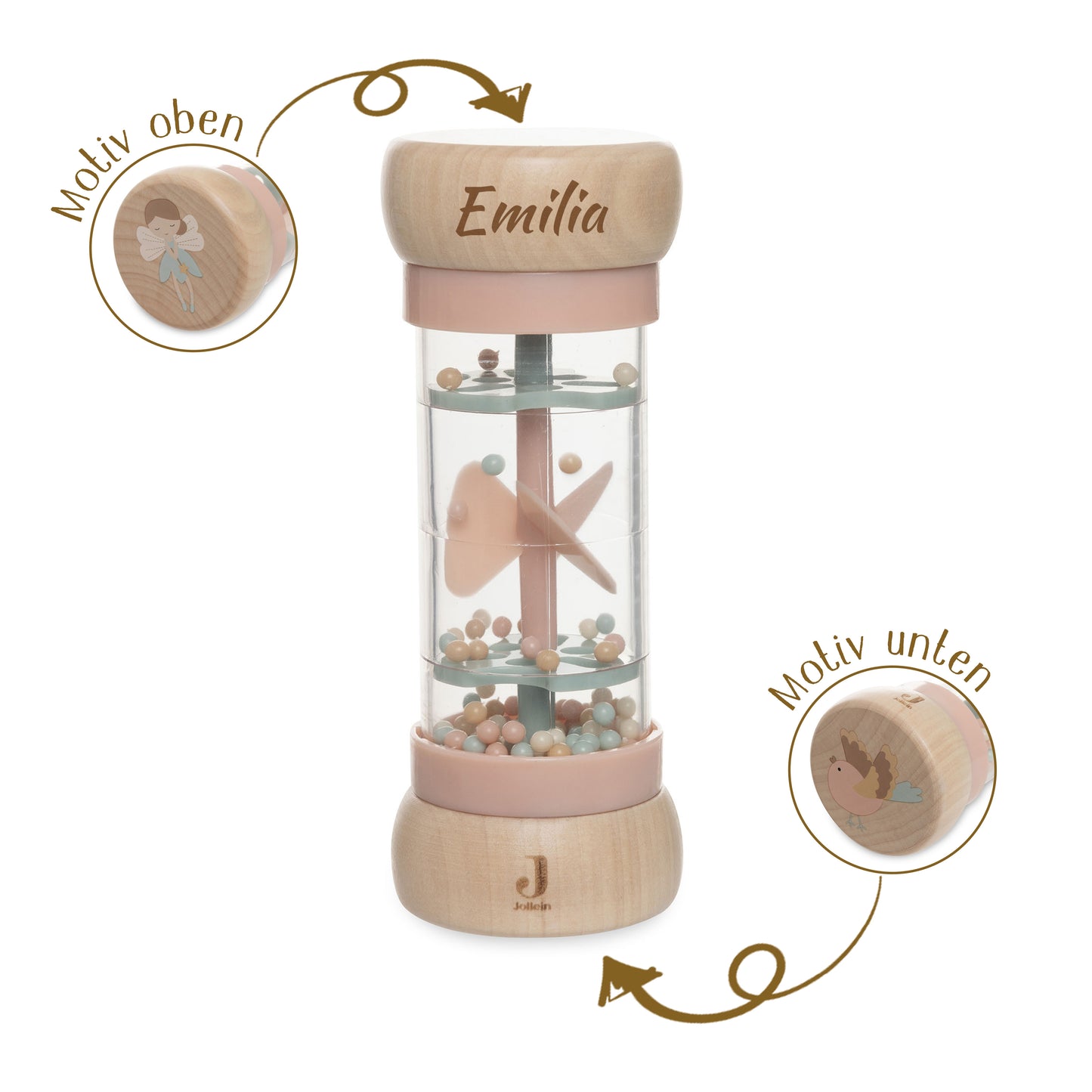 Jollein Regenmacher Rosa personalisierbar mit Name aus FSC-Holz - Babyrassel - Babygeschenk zur Geburt oder Taufe