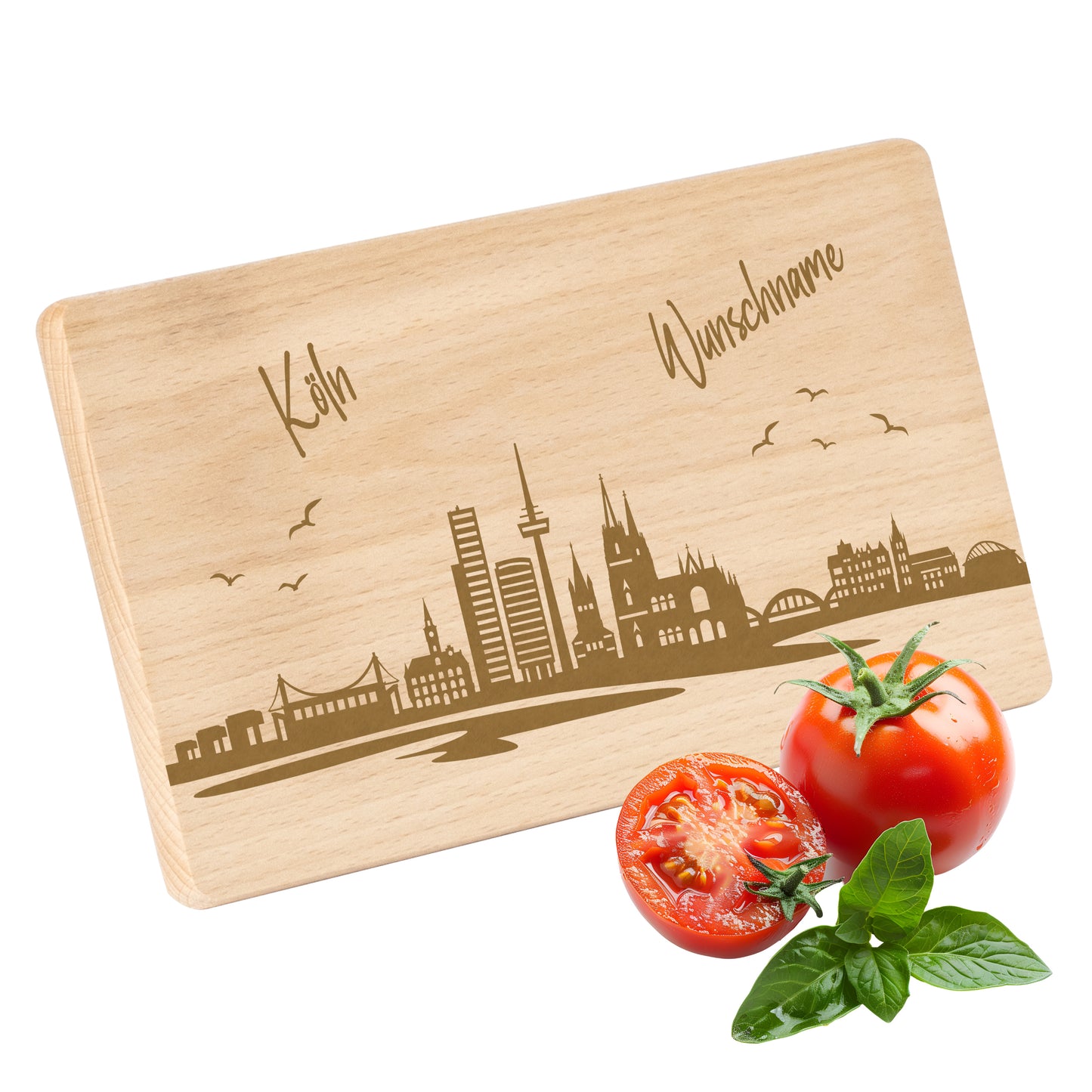 Frühstücksbrettchen 220x120mm mit Gravur mit der Skyline von Köln personalisierbar mit Wunschname