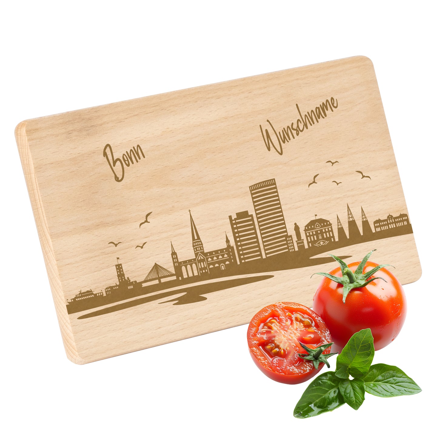 Frühstücksbrettchen 220x120mm mit Gravur mit der Skyline von Bonn personalisierbar mit Wunschname