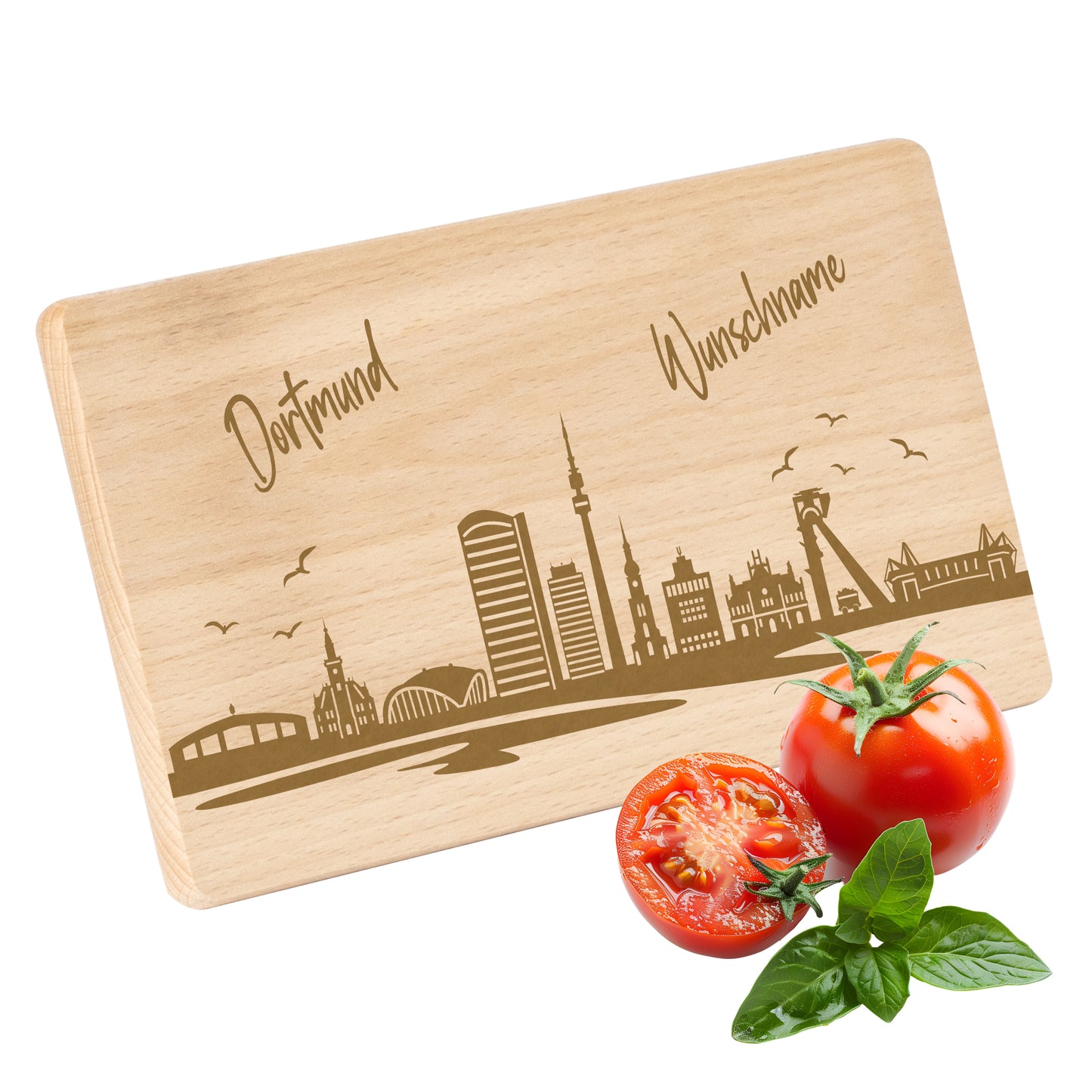 Frühstücksbrettchen 220x120mm mit Gravur mit der Skyline von Dortmund personalisierbar mit Wunschname