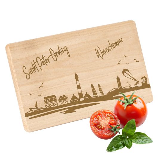 Frühstücksbrettchen 220x120mm mit Gravur mit der Skyline von Sankt Peter-Ording personalisierbar mit Wunschname