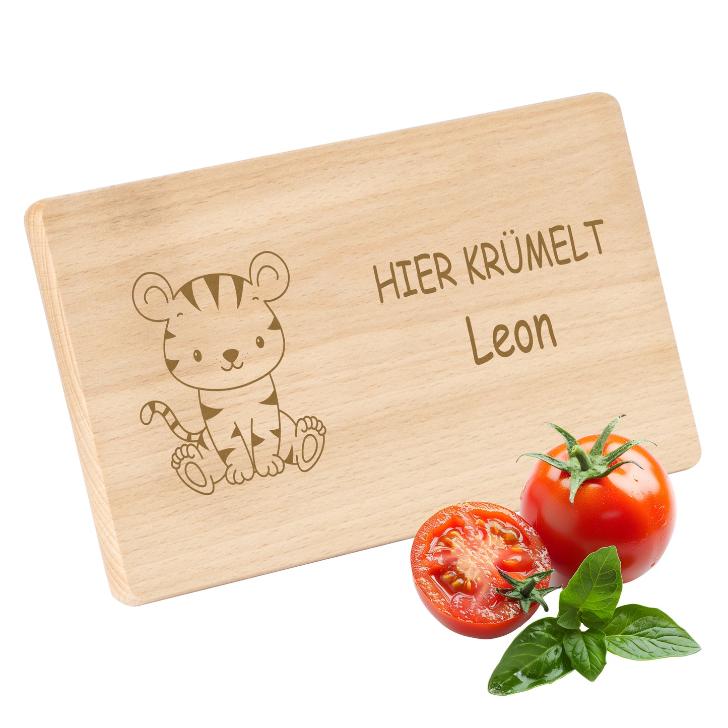 Frühstücksbrettchen 220x120mm mit Gravur "HIER KRÜMELT" mit Tiger und Wunschname