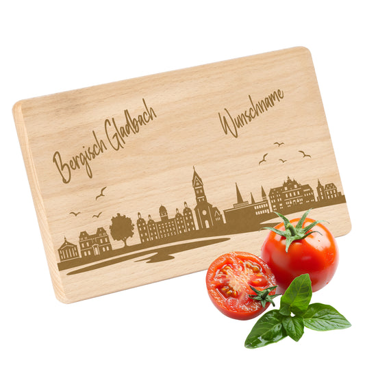 Frühstücksbrettchen 220x120mm mit Gravur mit der Skyline von Bergisch Gladbach personalisierbar mit Wunschname