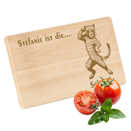 Frühstücksbrettchen mit Gravur Leopard "… ist die SCHÖNSTE" mit Wunschname