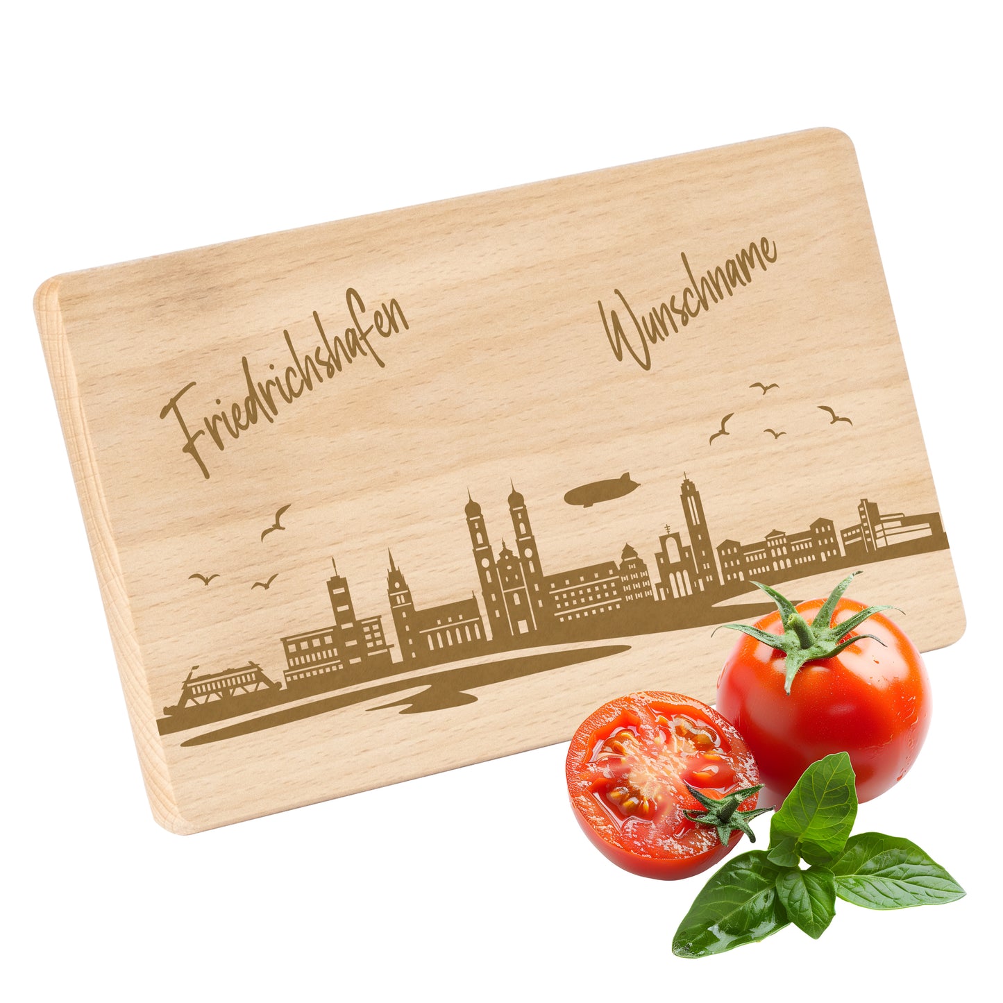 Frühstücksbrettchen 220x120mm mit Gravur mit der Skyline von Friedrichshafen personalisierbar mit Wunschname