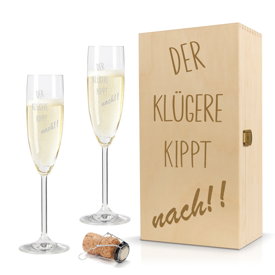 Sektglas mit Gravur Leonardo Daily "DER KLÜGERE KIPPT NACH!!" 2 Gläser und Holzbox klein