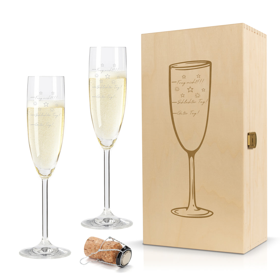 Sektglas mit Gravur Leonardo Daily "GUTER TAG SCHLECHTER TAG" 2 Gläser und Holzbox klein