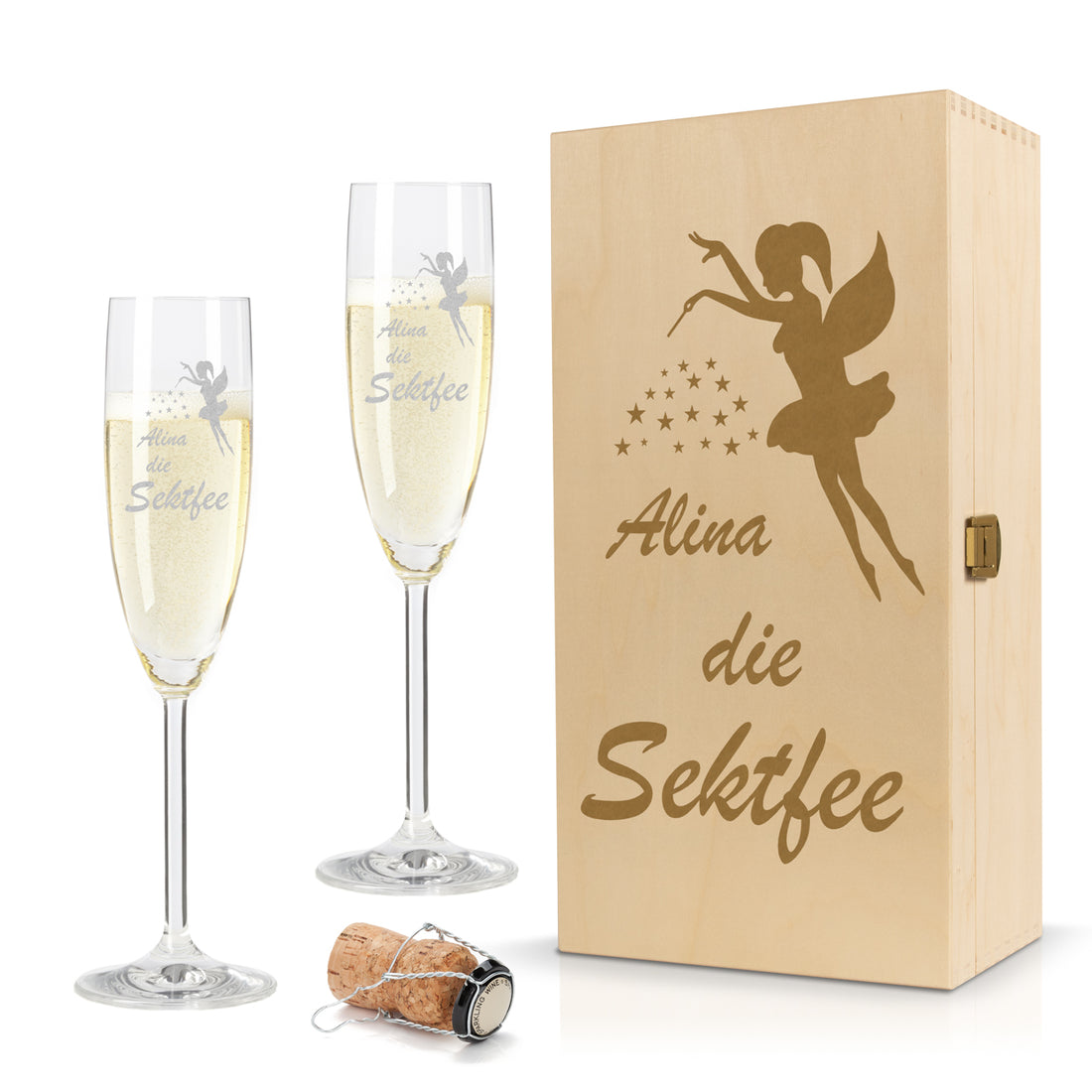 Sektglas mit Gravur Leonardo Daily "WUNSCHNAME DIE SEKTFEE" Holzbox klein mit Wunschname