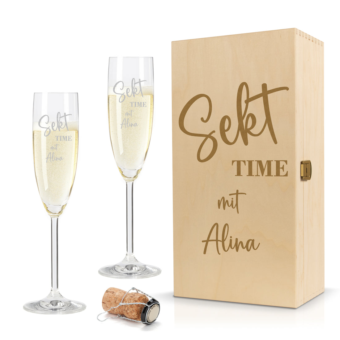 Sektglas mit Gravur Leonardo Daily "SEKT TIME" 2 Gläser und Holzbox klein mit Wunschname
