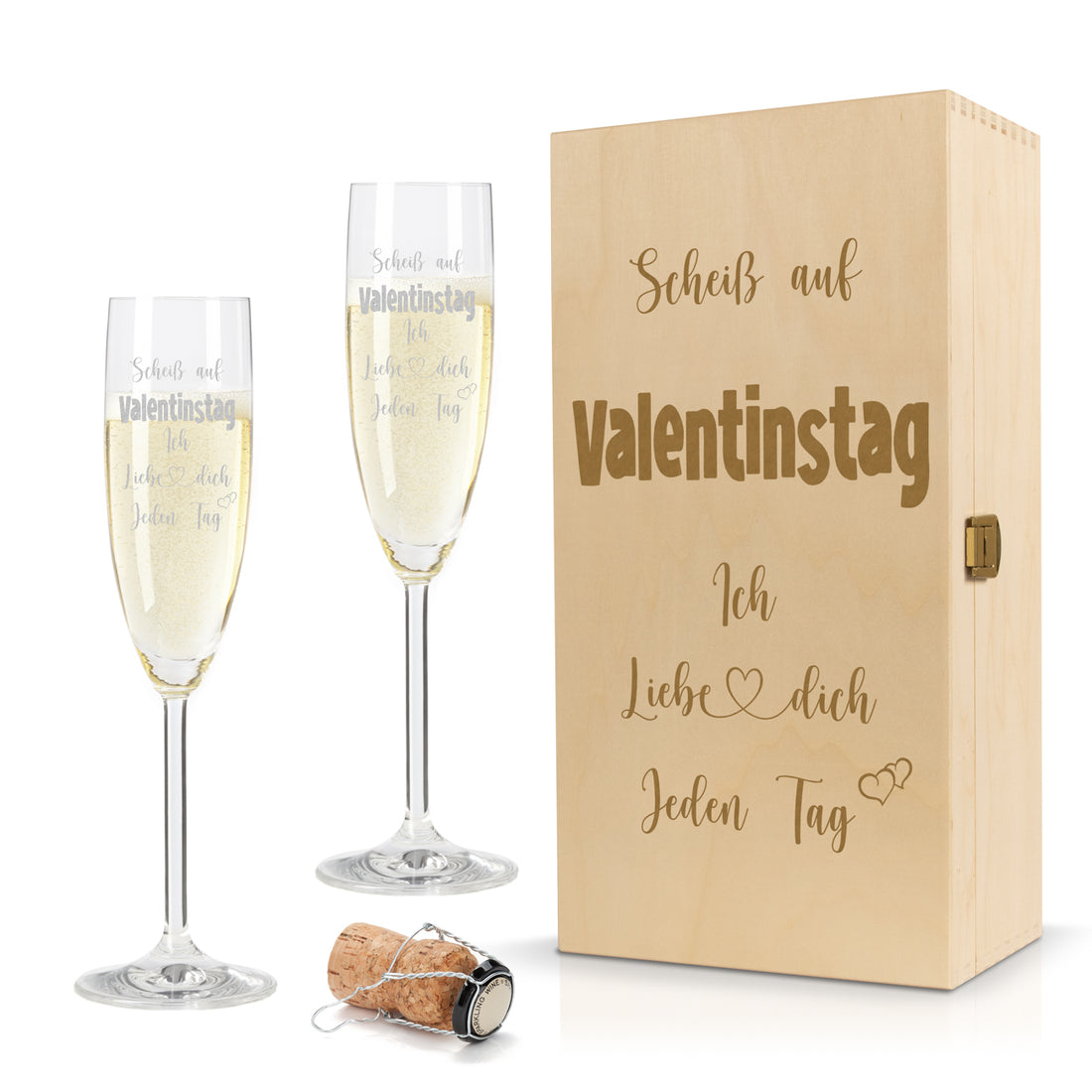 Sektglas mit Gravur Leonardo Daily "SCHEIß AUF VALENTINSTAG ICH LIEBE DICH JEDEN TAG" 2 Gläser und Holzbox klein