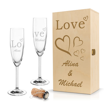 Sektglas mit Gravur Leonardo Daily "LOVE" Set mit 2 Gläser und Holzbox klein mit Wunschname