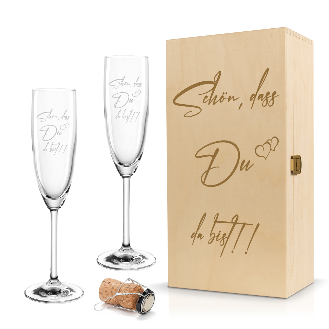 Sektglas mit Gravur Leonardo Daily "SCHÖN, DASS DU DA BIST!!" 2 Gläser und Holzbox klein
