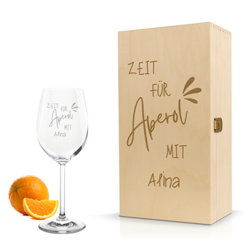 Weinglas mit Gravur Leonardo Daily Rotwein "ZEIT FÜR APEROL MIT..." inkl. Holzbox klein mit Wunschname