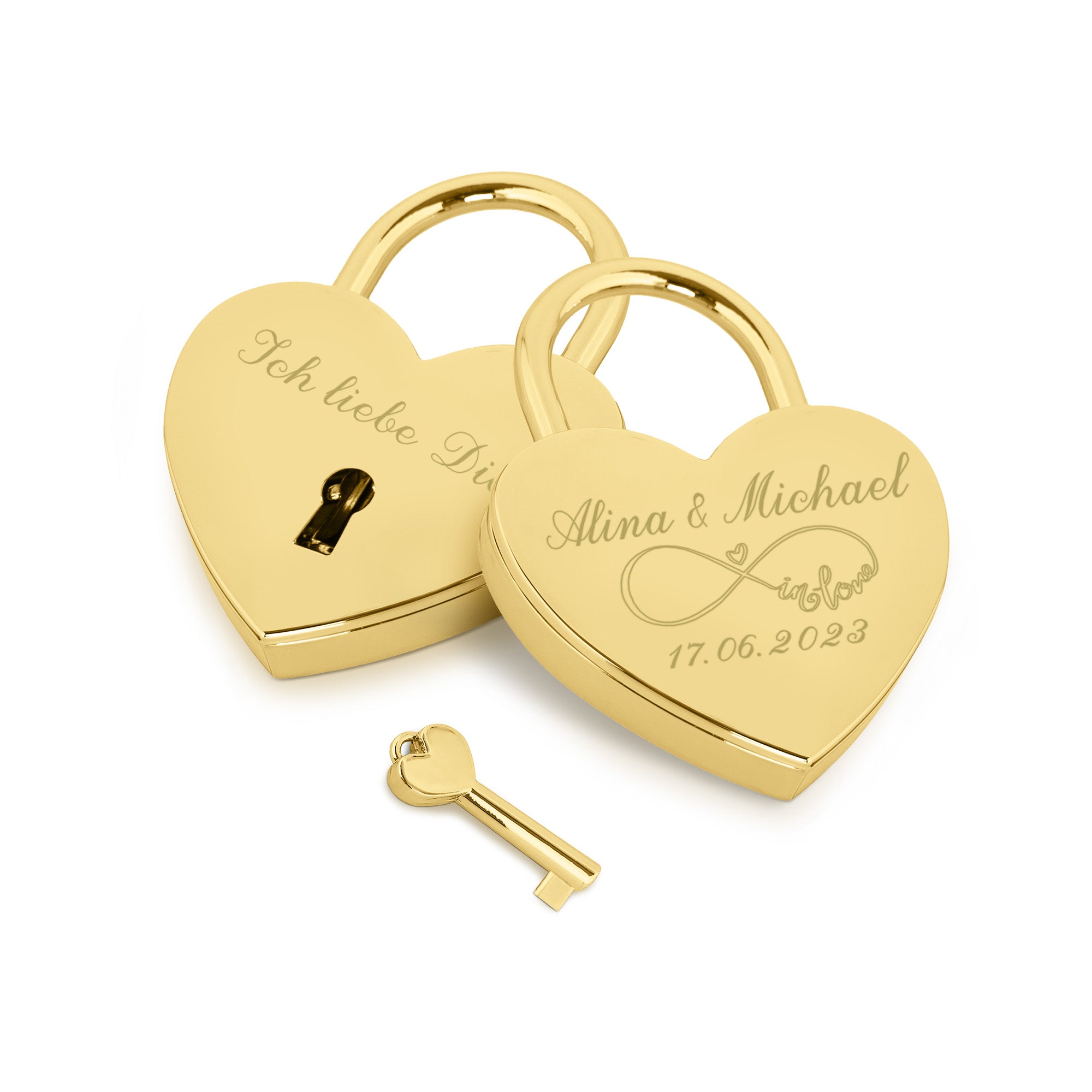 Herzschloss in Gold mit Gravur "Unendlich in LOVE" Liebesschloss personalisiert mit Wunschnamen in 4 ver. Farben