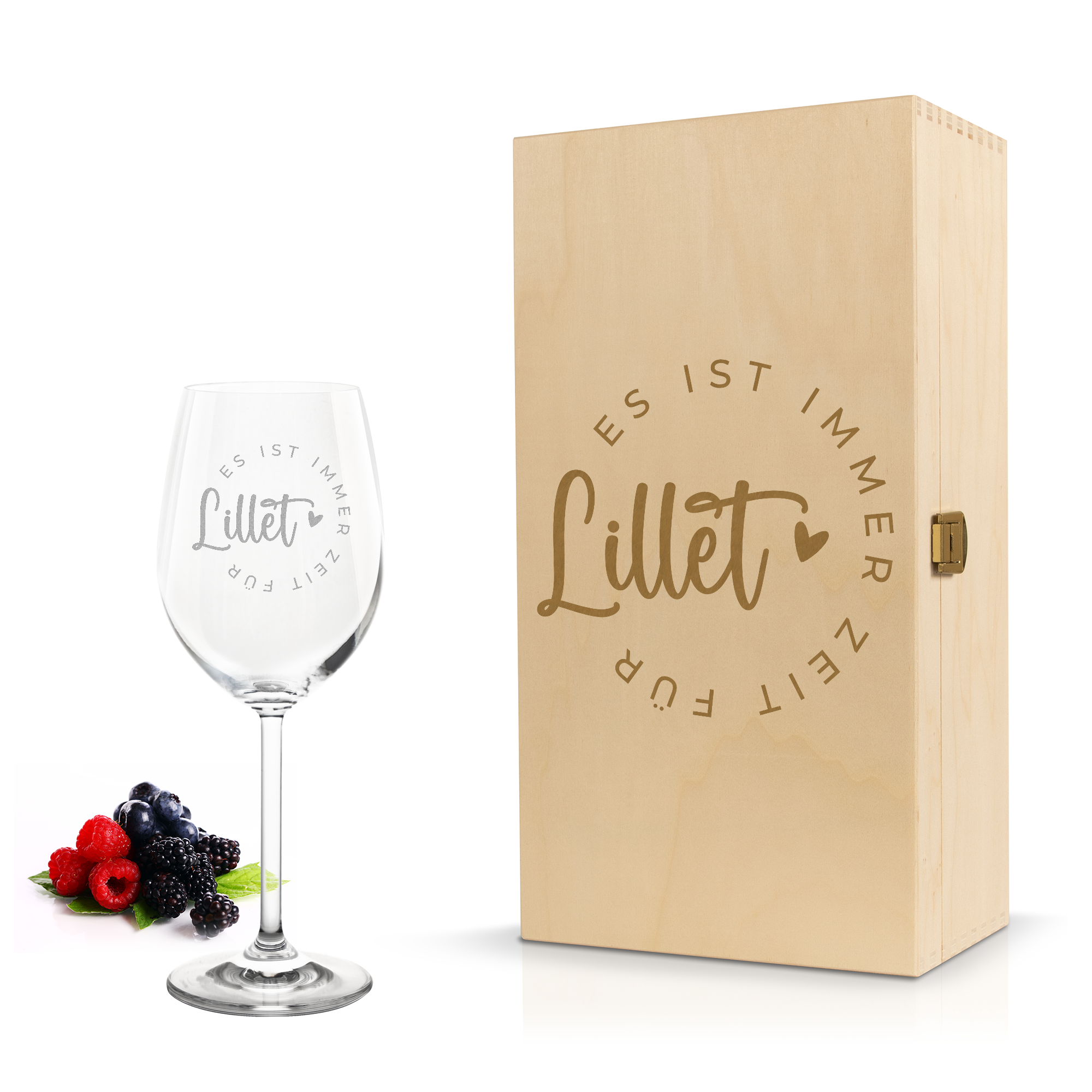 Weinglas mit Gravur Leonardo Daily Rotwein "ES IST IMMER ZEIT FÜR LILLET" inkl. Holzbox klein