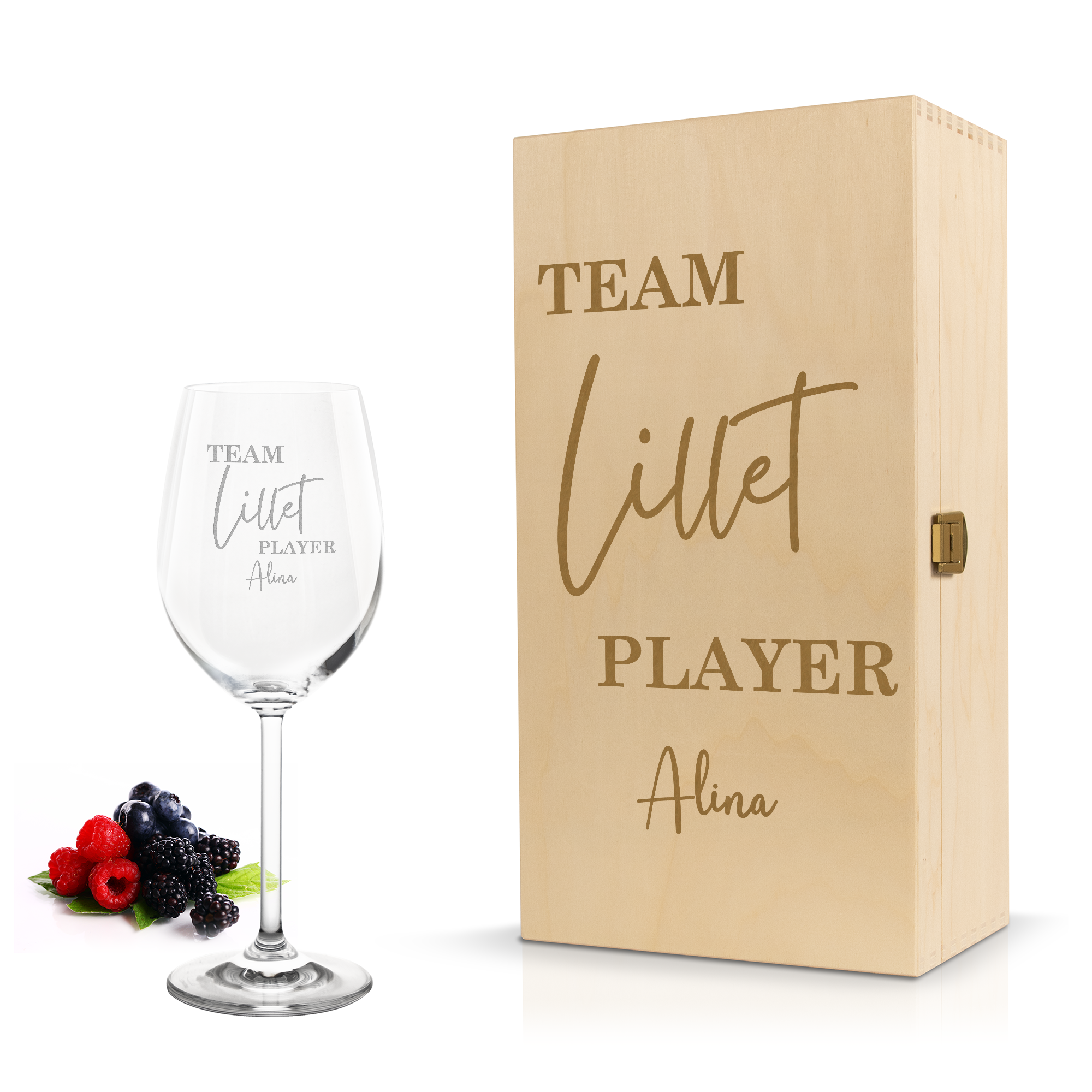 Weinglas mit Gravur Leonardo Daily Rotwein "TEAM LILLET PLAYER" inkl. Holzbox klein mit Wunschname