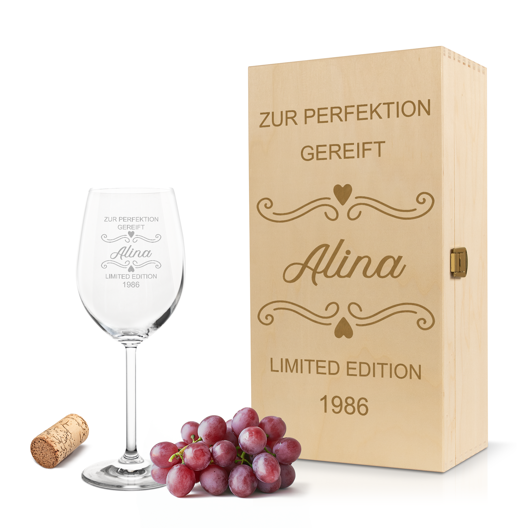 Weinglas mit Gravur Leonardo Daily Rotwein "ZUR PERFEKTION GEREIFT LIMITED EDITION" inkl. Holzbox klein mit Wunschname & Datum