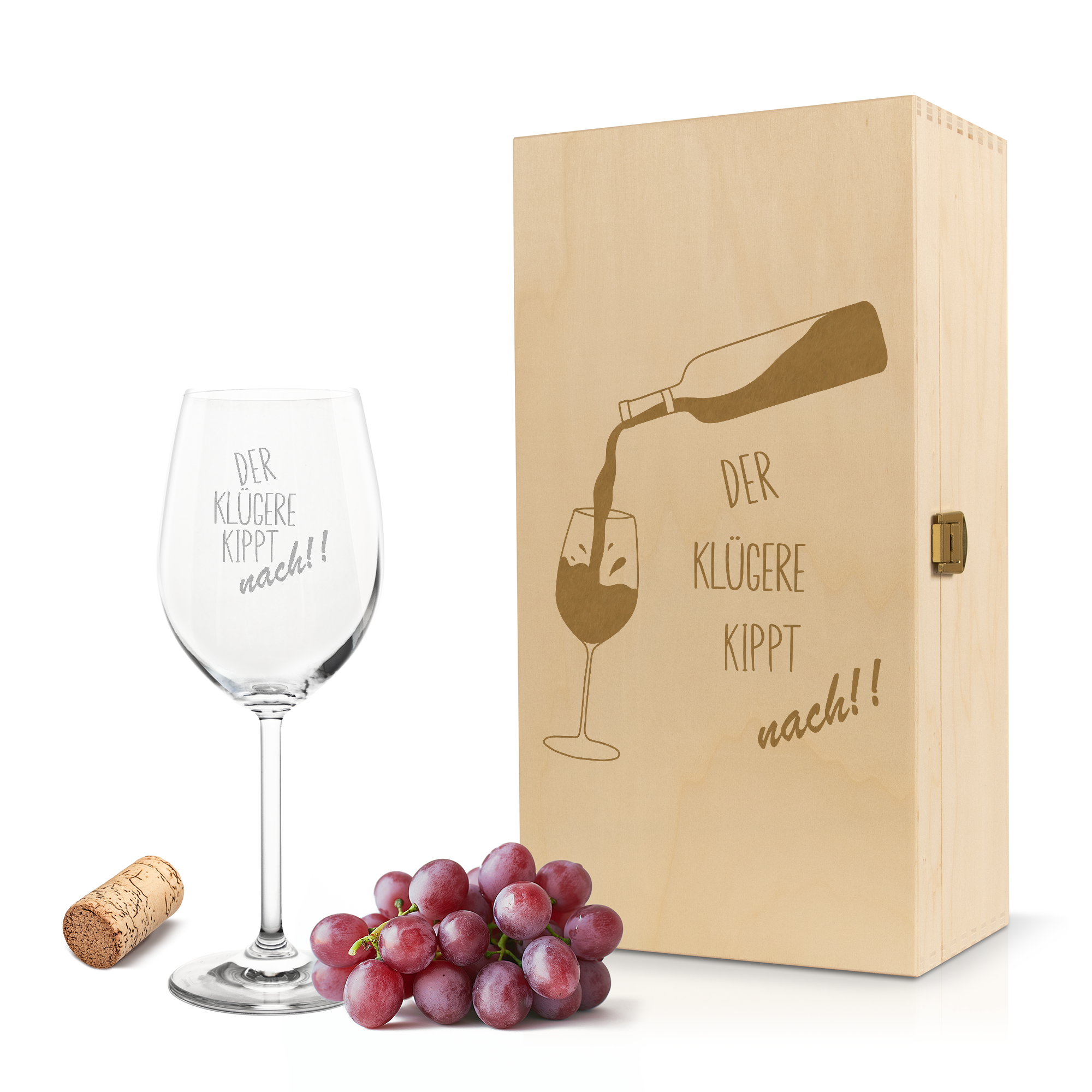 Weinglas mit Gravur Leonardo Daily Rotwein "DER KLÜGERE KIPPT NACH!" inkl. Holzbox klein