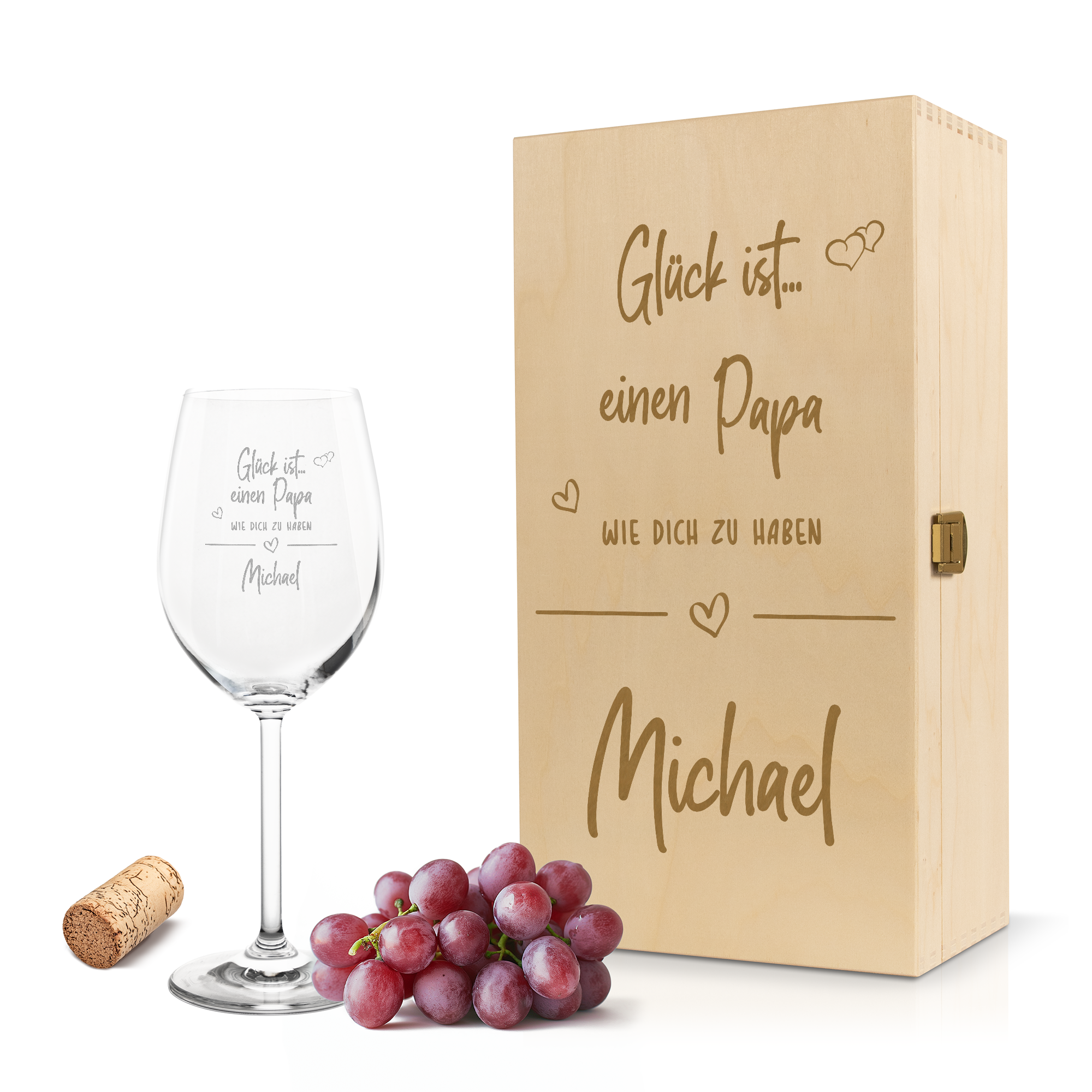 Weinglas mit Gravur Leonardo Daily Rotwein "GLÜCK IST EINEN PAPA WIE DICH ZU HABEN" inkl. Holzbox klein mit Wunschname