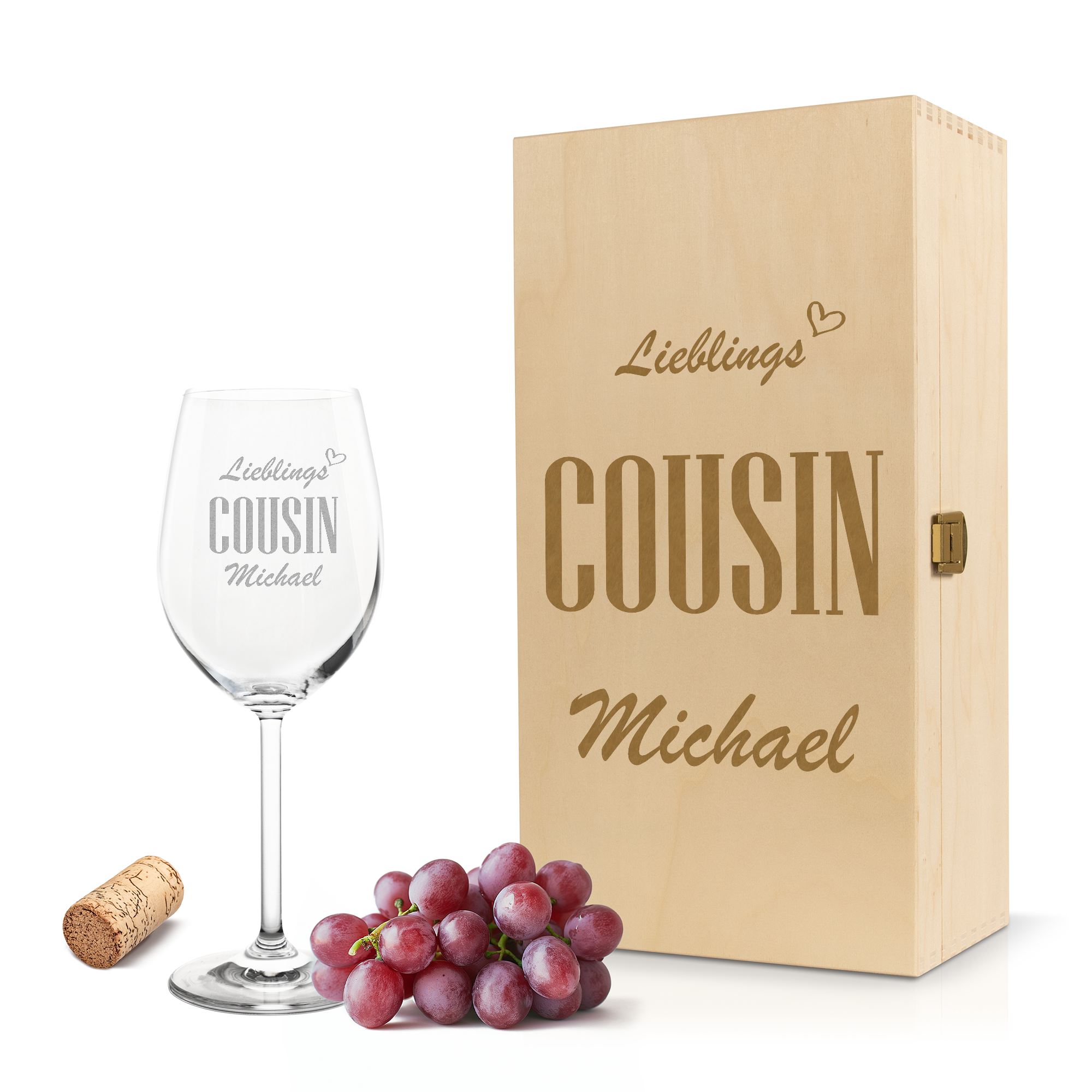 Weinglas mit Gravur Leonardo Daily Rotwein "LIEBLINGS COUSIN" inkl. Holzbox klein mit Wunschname