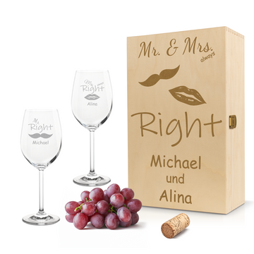 Weinglas mit Gravur Leonardo Daily Rotwein "MR. & MRS. ALWAYS RIGHT" 2 Gläser und Holzbox groß mit Wunschname & Datum