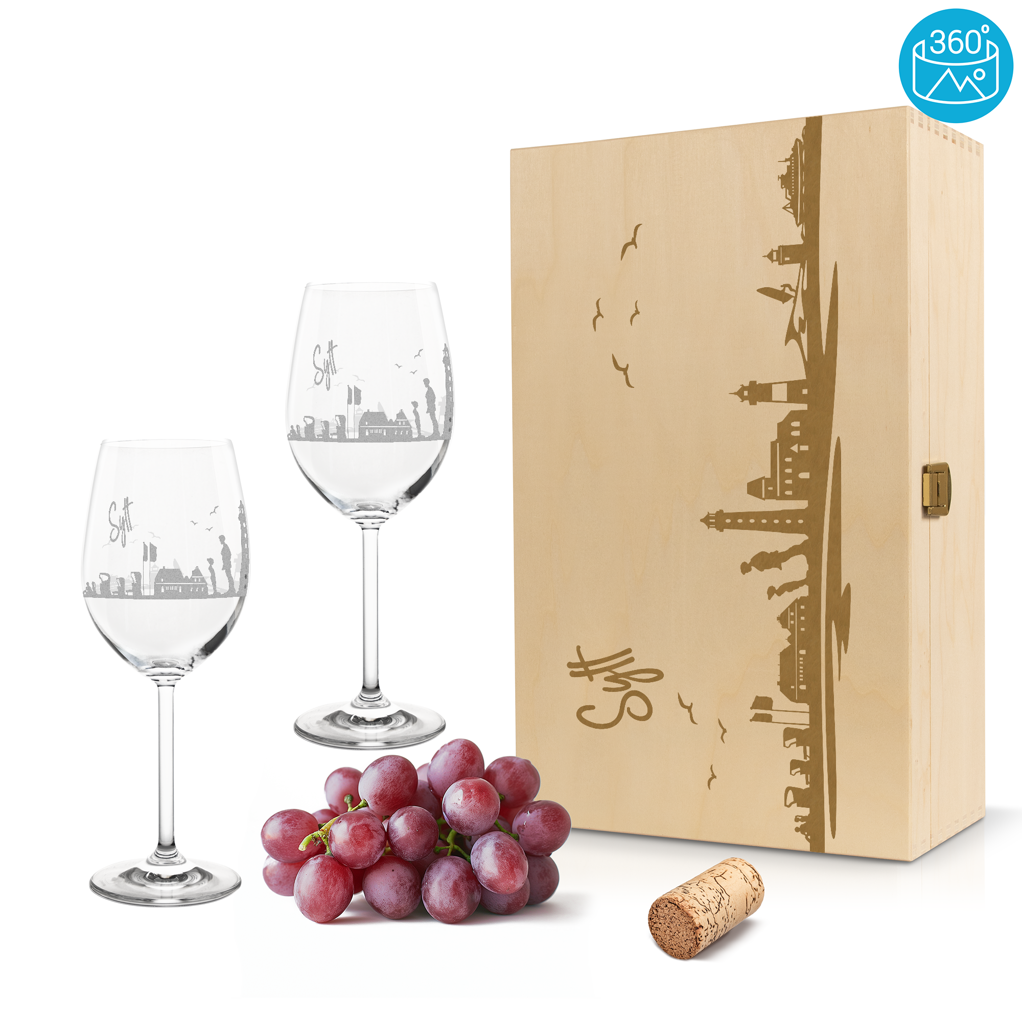 Weinglas mit Gravur Leonardo Daily Rotwein "SKYLINE SYLT" 2 Gläser und Holzbox groß