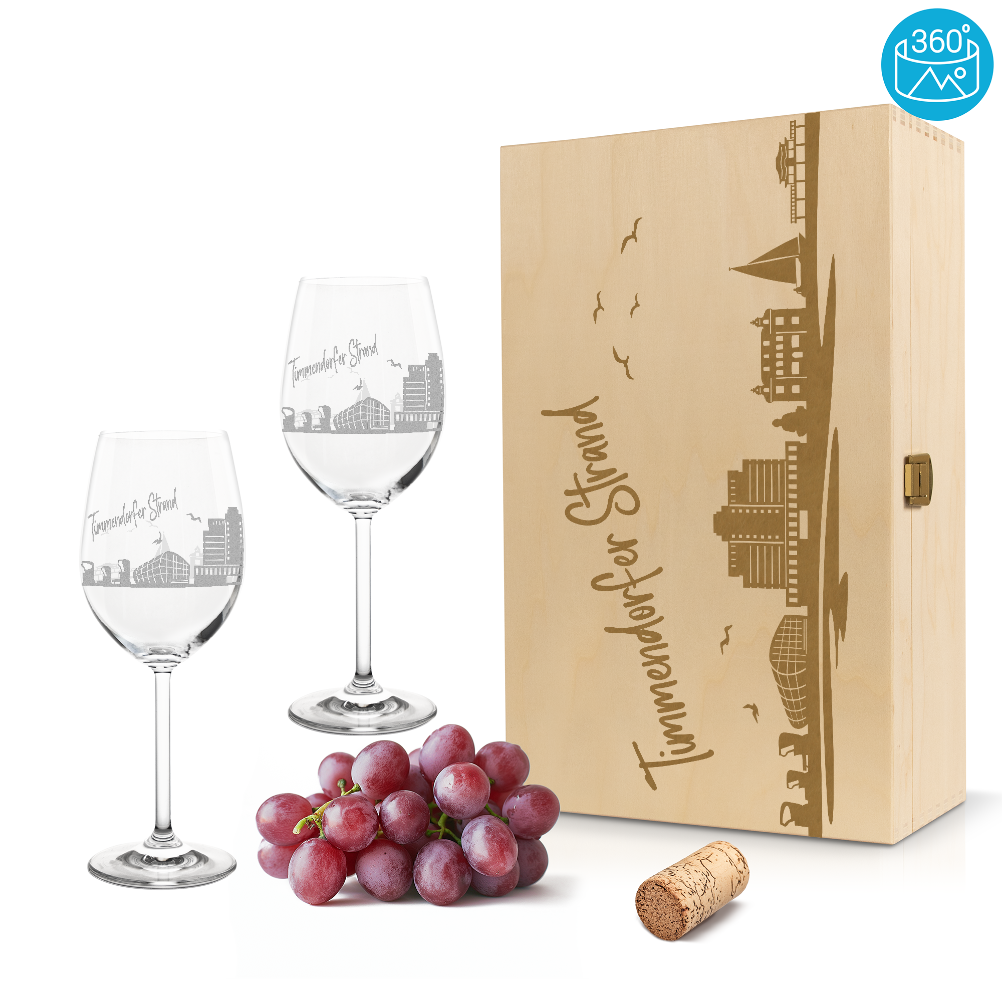 Weinglas mit Gravur Leonardo Daily Rotwein "SKYLINE TIMMENDORFER STRAND" 2 Gläser und Holzbox groß
