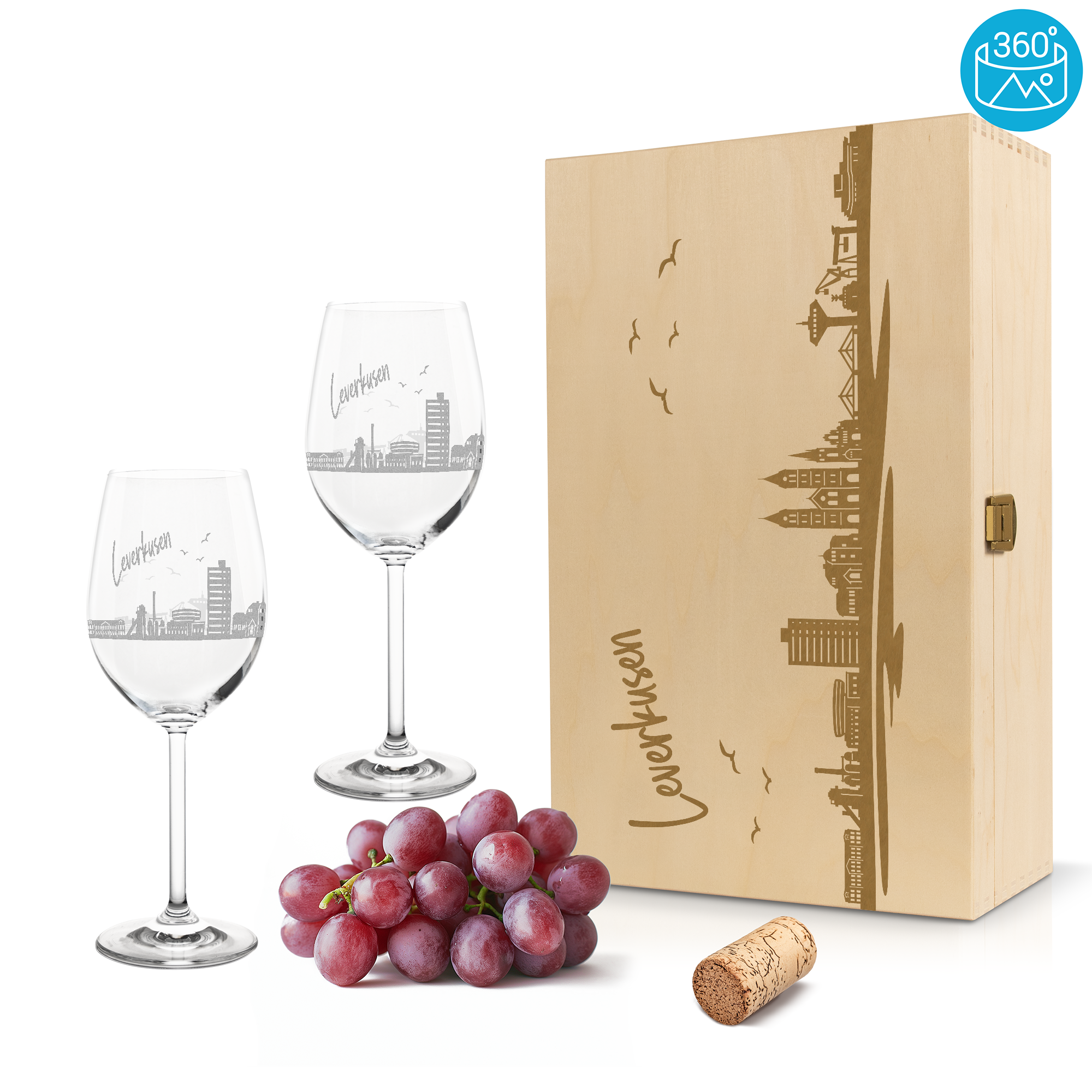 Weinglas mit Gravur Leonardo Daily Rotwein "SKYLINE LEVERKUSEN" 2 Gläser und Holzbox groß