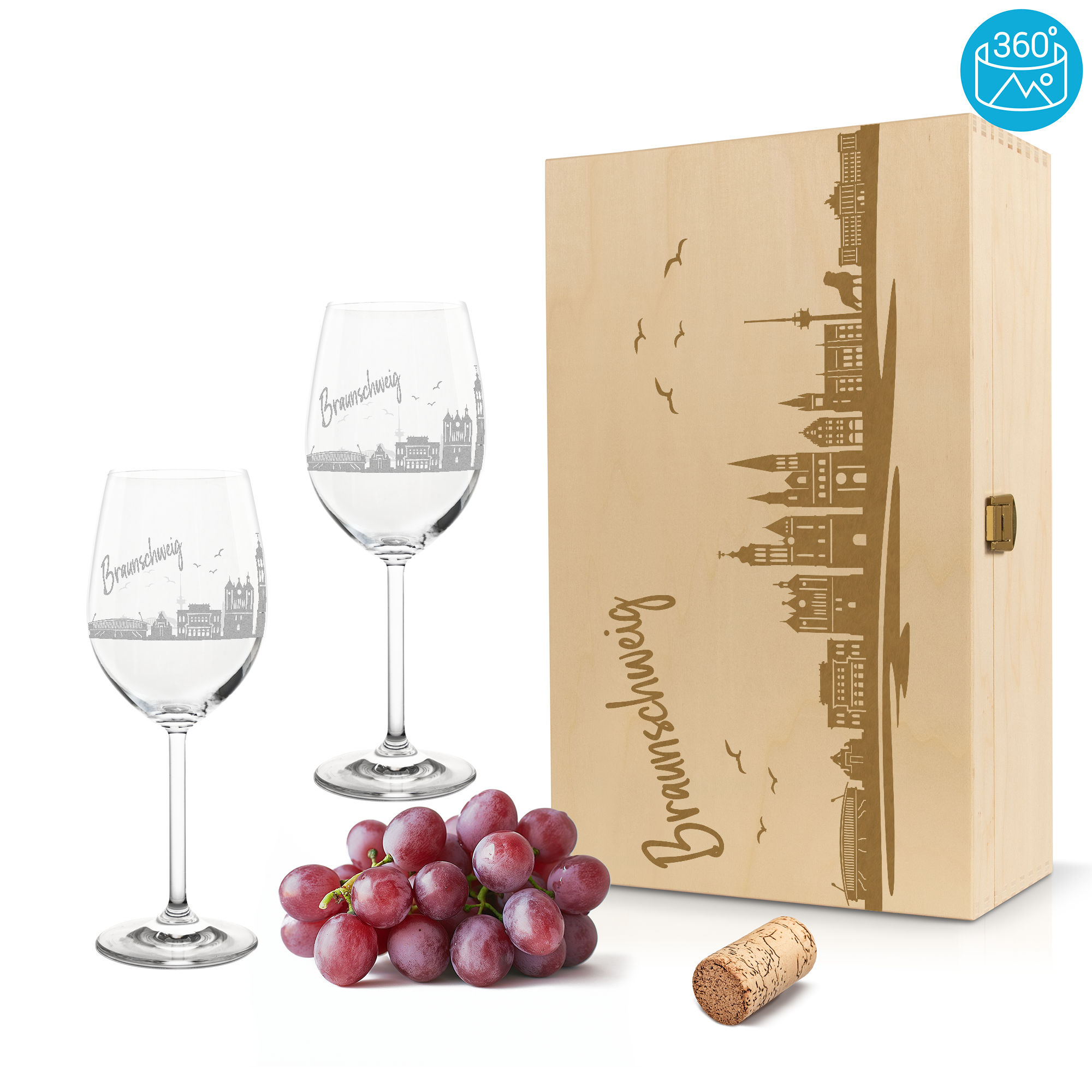 Weinglas mit Gravur Leonardo Daily Rotwein "SKYLINE BRAUNSCHWEIG" 2 Gläser und Holzbox groß